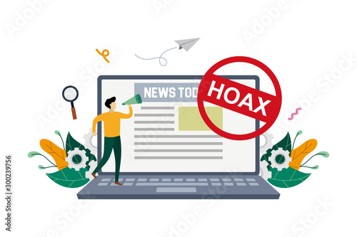 Hoax, fake news, disinformation spread via online media, news websites concept with small people and large laptop vector flat illustration, suitable for background, advertising illustration