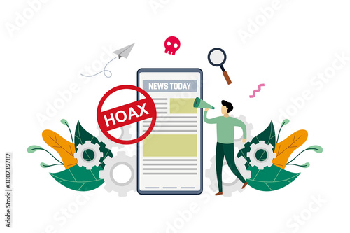 Hoax, fake news, disinformation spread via online media, news websites concept with small people and large phone vector flat illustration, suitable for background, advertising illustration