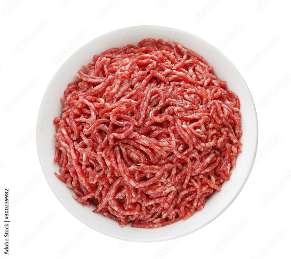 Fresh raw minced meat on white background, top view Fresh raw minced meat on white background, top view