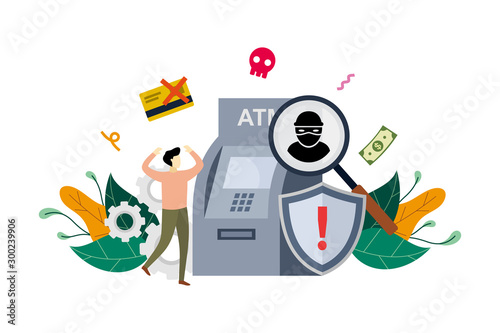 Fototapeta Naklejka Na Ścianę i Meble -  ATM cyber crime concept, robber hack an ATM, hacking detected, phishing alert messages with small people vector flat illustration, suitable for background, banner, ui, ux
