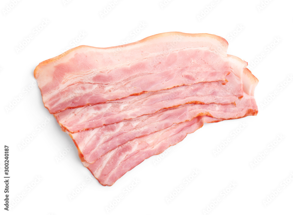 Slices of raw bacon on white background