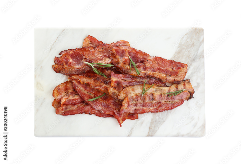 Slices of tasty fried bacon on white background, top view