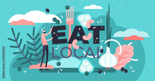 Eat local vector illustration. Flat tiny encouragement sign persons concept