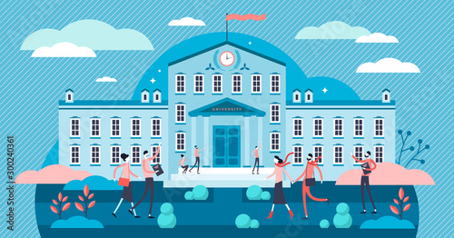 University vector illustration. Tiny academical building persons concept.