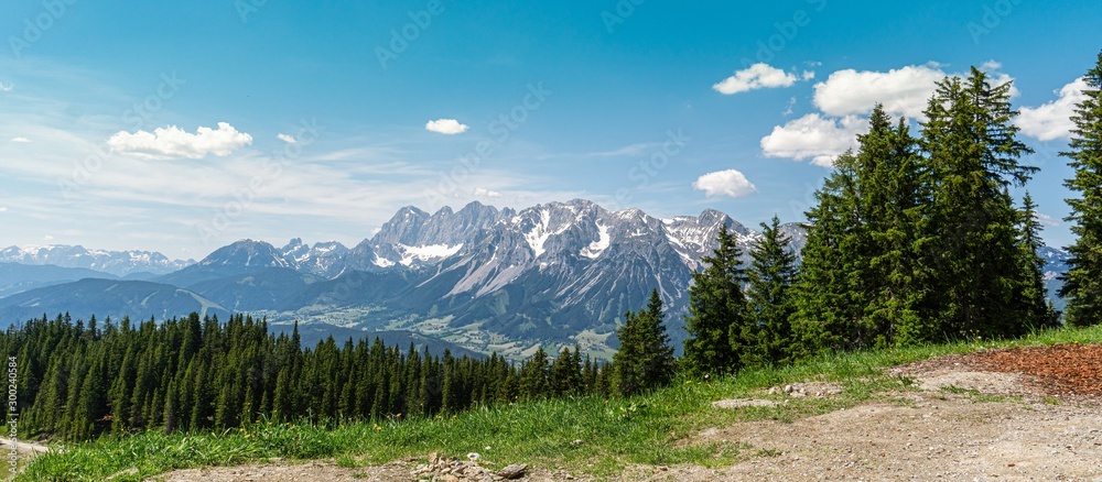 View from Planai mountain on Dachstein am Ramsau rocks in Alps i