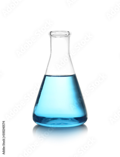 Conical flask with blue liquid on white background. Laboratory glassware