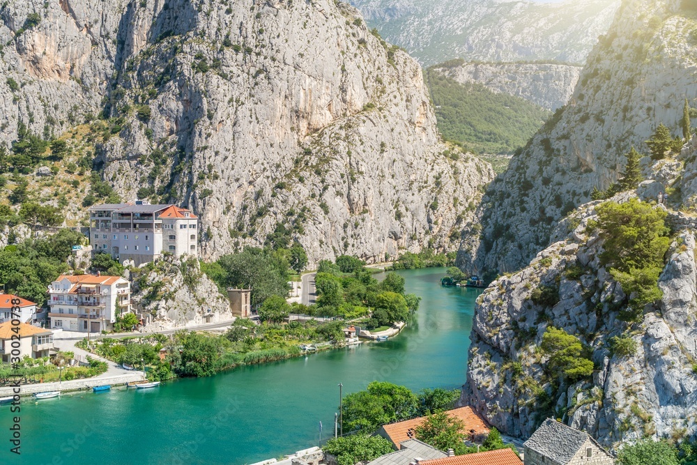 Cliffs near Cetina river in Omis in Croatia. Panoramatic view on