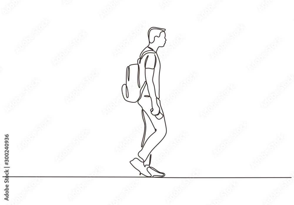 Continuous one line drawing of man walking on the street. Concept of  student college person with bag. Stock Vector | Adobe Stock