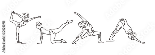Continuous one line drawing of yoga girl minimalism. Vector illustration set of people doing sport.