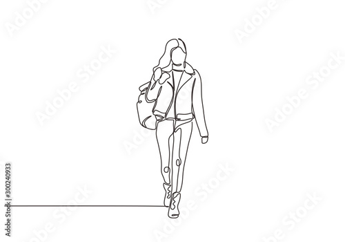 Continuous one line drawing of college girl walking vector minimalism. Young woman with bag walk on the street.