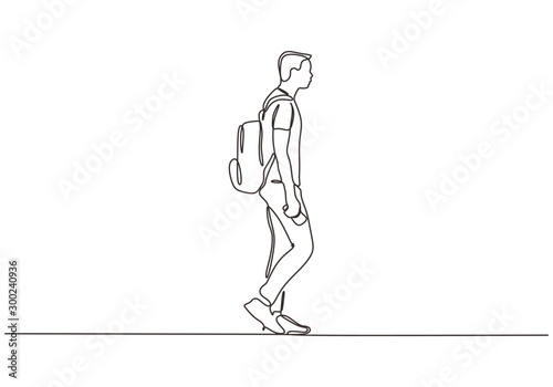 Continuous one line drawing of man walking on the street. Concept of student college person with bag.