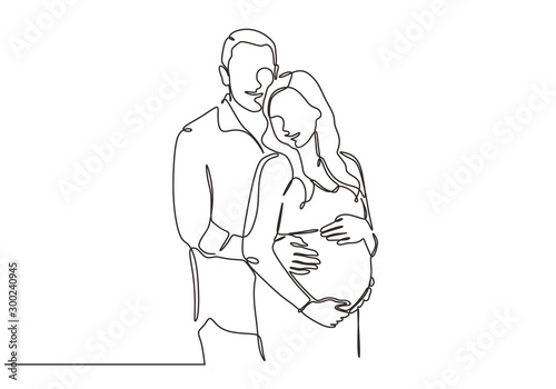 Continuous one line drawing of happy couple portrait. Concept of people of man and pregnant woman.
