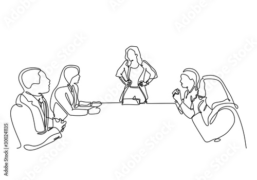 .Continuous one line drawing of company meeting with woman as a leader vector. Single minimalism sketch hand drawn concept of business meet up of people sitting make a discussion of strategy.