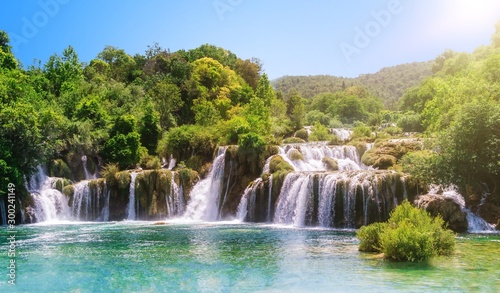 Waterfalls in Krka National Park in Croatia at summer.