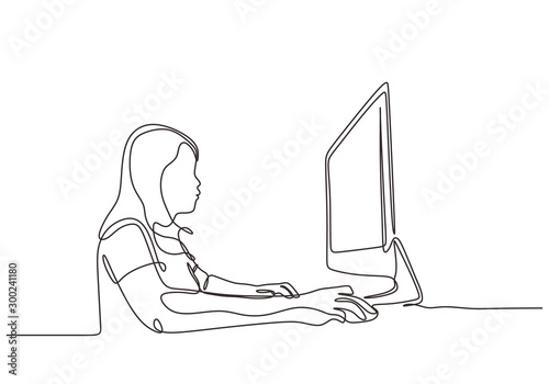 Continuous one line drawing of woman doing work with computer. Young girl with monitor business metaphor concept.