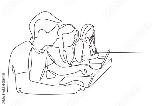 Continuous one line drawing of creative workers work at office. People sitting with laptop. Concept of business worker.