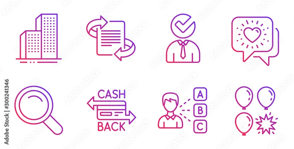 Opinion, Friends chat and Vacancy line icons set. Skyscraper buildings, Search and Marketing signs. Cashback card, Balloon dart symbols. Choose answer, Friendship. Business set. Vector