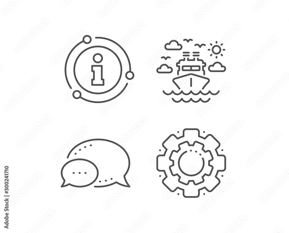 Ship travel line icon. Chat bubble, info sign elements. Trip transport sign. Holidays cruise symbol. Linear ship travel outline icon. Information bubble. Vector
