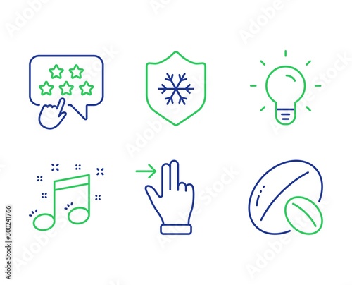 Musical note, Touchscreen gesture and Ranking star line icons set. Light bulb, Clean skin and Soy nut signs. Music, Slide right, Click rank. Lamp energy. Line musical note outline icons. Vector