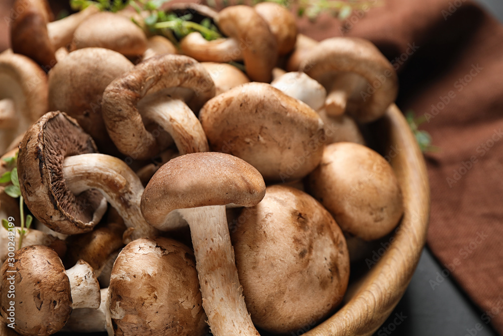 Different fresh wild mushrooms in bowl on table, closeup Different fresh wild mushrooms in bowl on table, closeup
