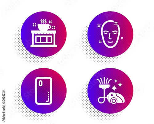 Health skin, Coffee shop and Smartphone cover icons simple set. Halftone dots button. Vacuum cleaner sign. Clean face, Tea house, Phone. Vacuum-clean. Business set. Vector