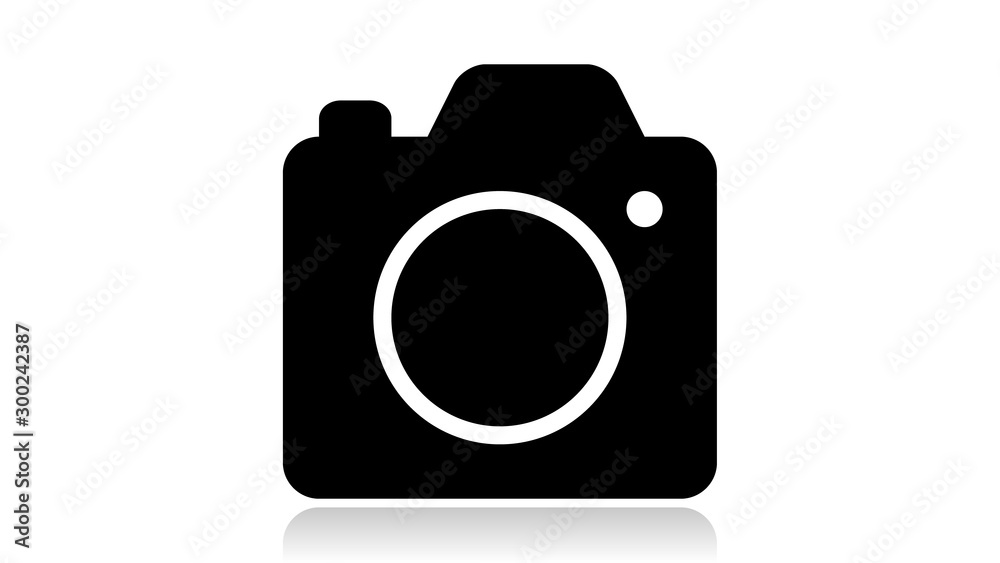 Camera icon vector design. Black icon with reflection isolated on the white background