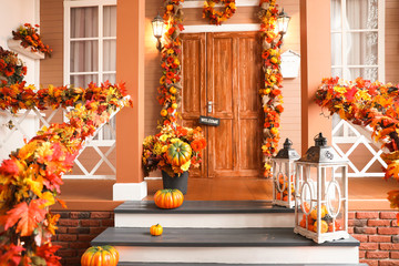 House entrance decorated for traditional autumn holidays