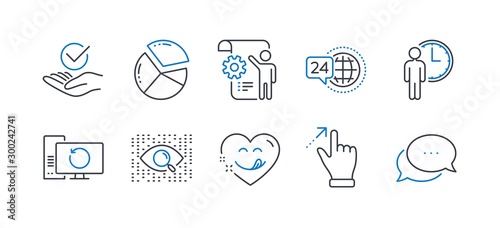 Set of Technology icons, such as Settings blueprint, 24h service, Artificial intelligence, Pie chart, Waiting, Approved, Recovery computer, Touchscreen gesture, Yummy smile, Dots message. Vector