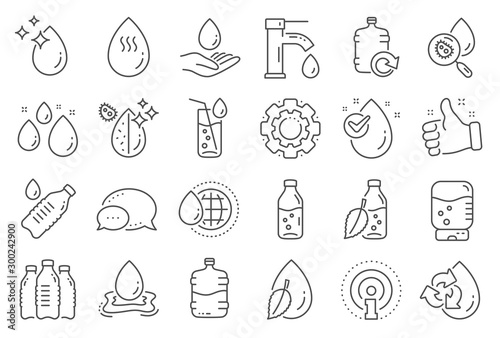 Water drop line icons. Set of Bottle, Antibacterial filter and Tap water linear icons. Bacteria, Cooler and Refill barrel bottle. Liquid drop, antibacterial cleaner and drink machine, tap. Vector