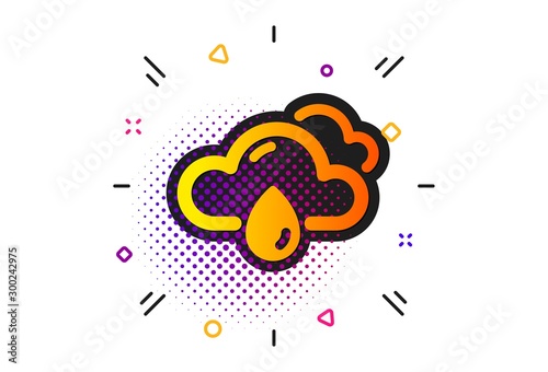 Clouds with rain sign. Halftone circles pattern. Rainy weather forecast icon. Cloudy sky symbol. Classic flat rainy weather icon. Vector