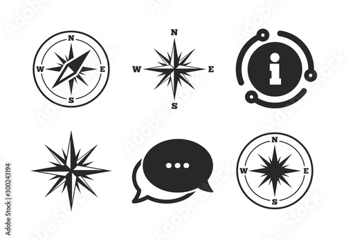 Compass symbols. Chat, info sign. Windrose navigation icons. Coordinate system sign. Classic style speech bubble icon. Vector