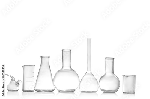Laboratory glassware isolated on white. Chemical analysis