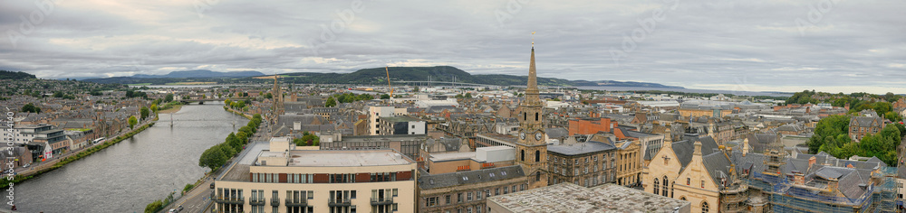 A panorama of the City of Inverness in Scotland, UK, including the River Ness.