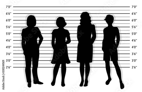 Police lineup. Mugshot background with silhouette of different women.  Black silhouette of four women on white background. Isolation. Vector illustration