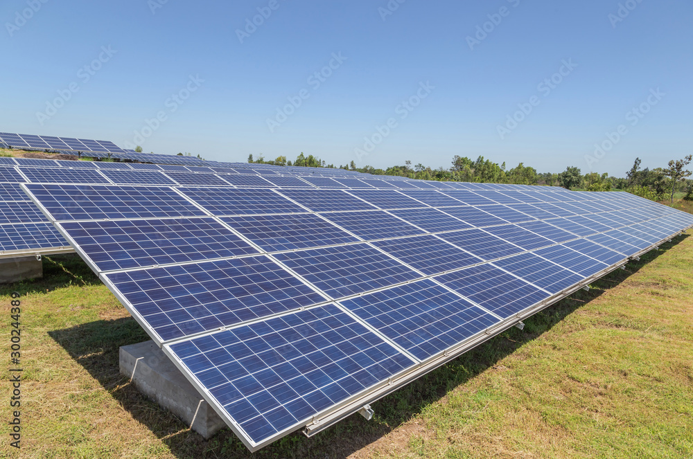         Close up rows array of Solar panels or solar cells or photovoltaics in solar power station is power production technology renewable green clean energy energy efficiency from the sun