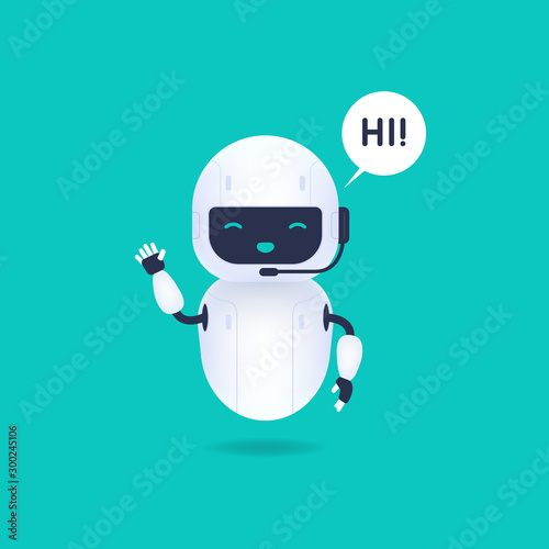 White friendly android robot say hi. Cute and smile AI robot.