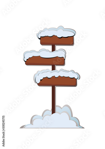 Flat vector wooden post with pointers and copy space Snow-covered cartoon signboards under snow flakes.
