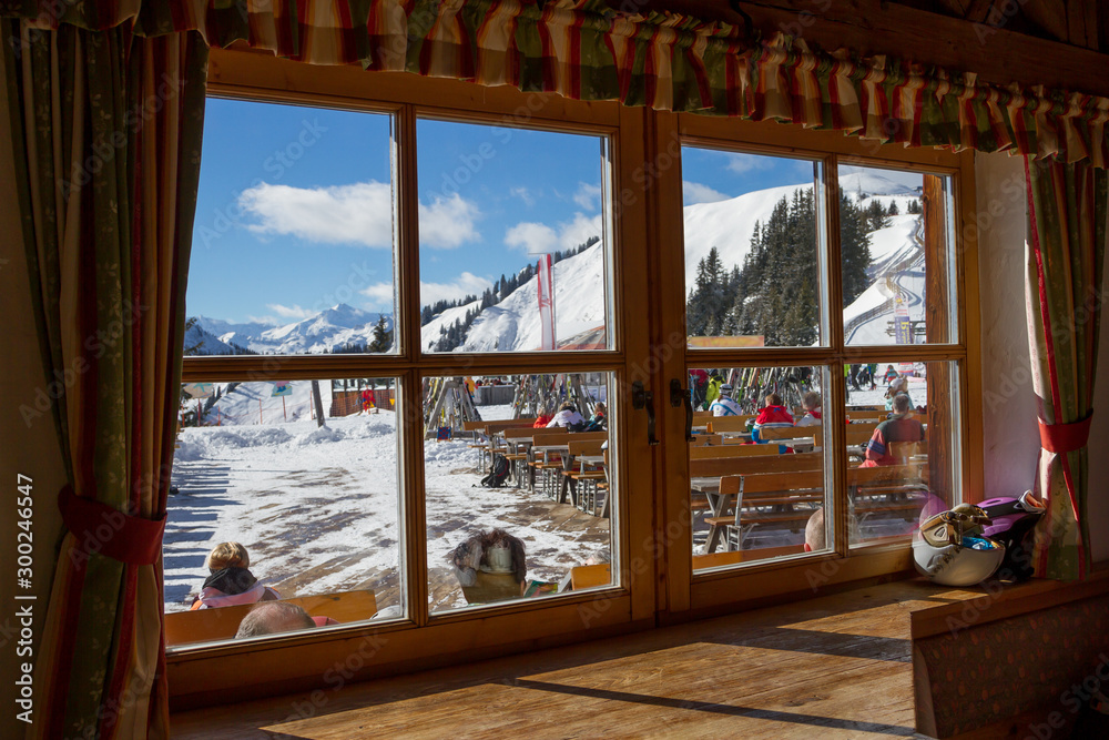 view from the window of an alpine mountain restaurant in the ski resort of Gastein in Austria view from the window of an alpine mountain restaurant in the ski resort of Gastein in Austria