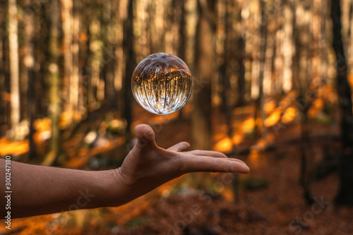 glas ball in the forrest in ebensee Austria, crystal ball flying in the woods of Austria photo