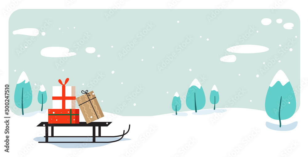 santa claus sleigh with present box merry christmas happy new year holiday celebration concept greeting card winter snowy landscape background horizontal vector illustration - obrazy, fototapety, plakaty 