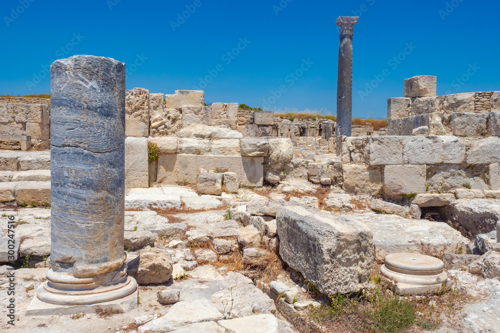 Cyprus. Paphos. Archaeological park. Ancient Colons in the open. Archaeological Museum. Columns rise above the ruins. Sights of Paphos. Tourism in Cyprus. Excavations in the Republic of Cyprus.
