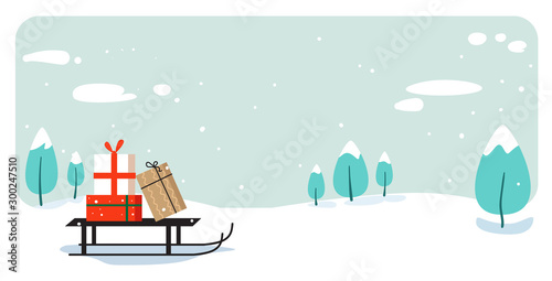 Fototapeta Święty Mikołaj sanie z teraźniejszości pudełkiem wesoło bożych narodzeń szczęśliwego nowego roku wakacje świętowania pojęcia kartka z pozdrowieniami zimy śnieżny krajobrazowy tło horyzontalna wektorowa ilustracja