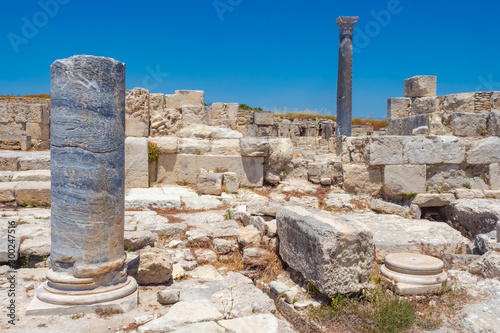 Cyprus. Paphos. Archaeological park. Ancient Colons in the open. Archaeological Museum. Columns rise above the ruins. Sights of Paphos. Tourism in Cyprus. Excavations in the Republic of Cyprus.