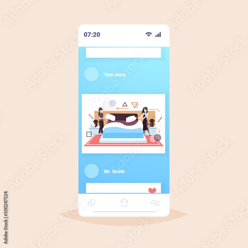 women maids setting up pillows making the bed female janitors in uniform cleaning service concept modern hotel bedroom smartphone screen online mobile app full length sketch vector illustration