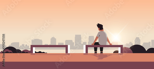 unhappy sad man in depression having relationship problem life crisis break up divorce concept guy sitting wooden bench cityscape background flat full length horizontal vector illustration