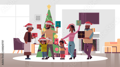 multi generation family with gift present boxes standing together merry christmas happy new year holiday celebration concept modern living room interior flat full length horizontal vector illustration