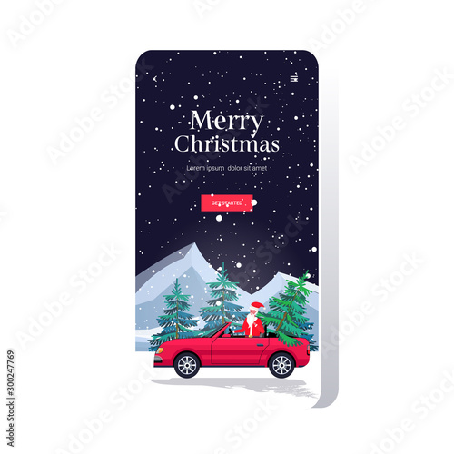 santa claus driving car with fir tree merry christmas happy new year holiday celebration concept smartphone screen online mobile app greeting card copy space vector illustration