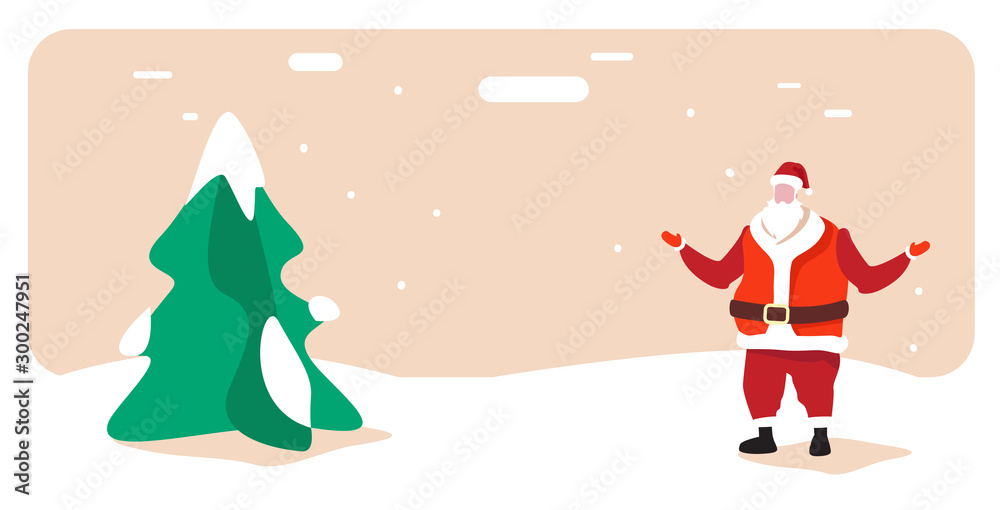 santa claus standing near fir tree merry christmas happy new year holiday celebration concept greeting card winter snowy landscape background horizontal full length vector illustration