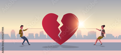 woman man pulling rope tearing red broken heart depression life crisis break up divorce tug of war concept cityscape background flat horizontal full length vector illustration