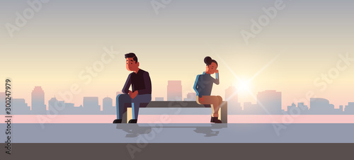 unhappy sad couple in depression having relationship problem life crisis break up divorce concept man woman sitting wooden bench cityscape background flat full length horizontal vector illustration